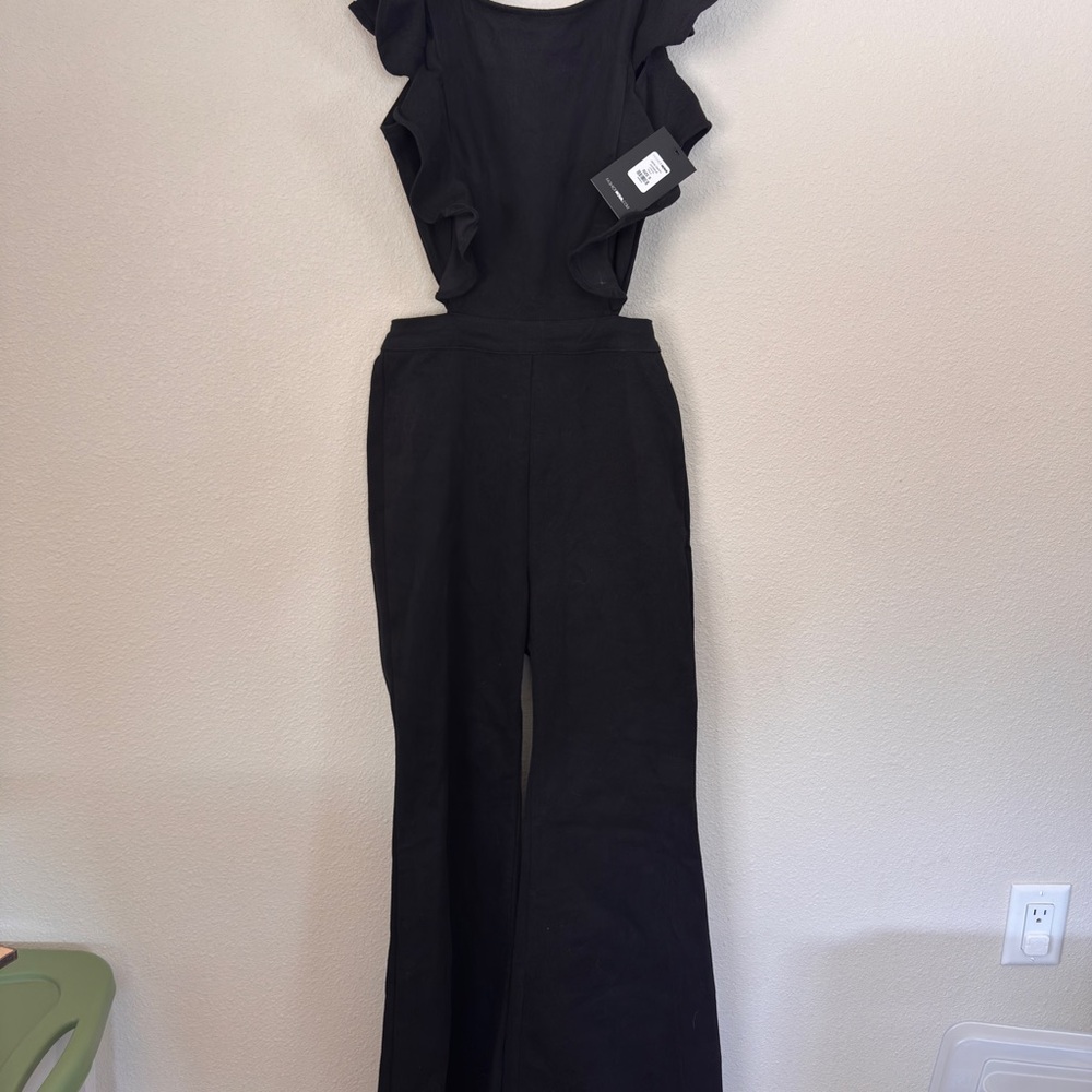 Fashion Nova Black Ruffle-Sleeve Wide-Leg Jumpsuit